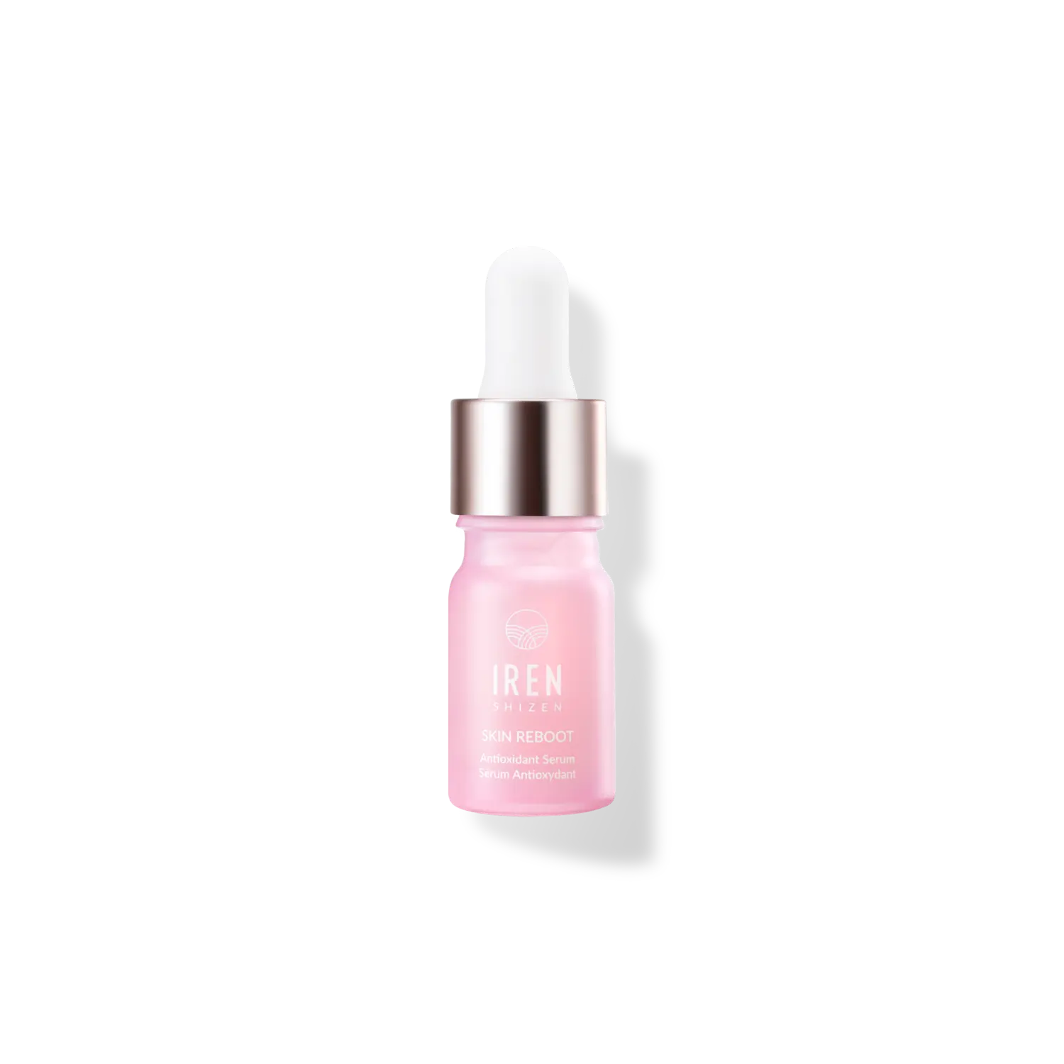 A bottle of SKIN REBOOT Antioxidant Serum by IREN Shizen on a black background.